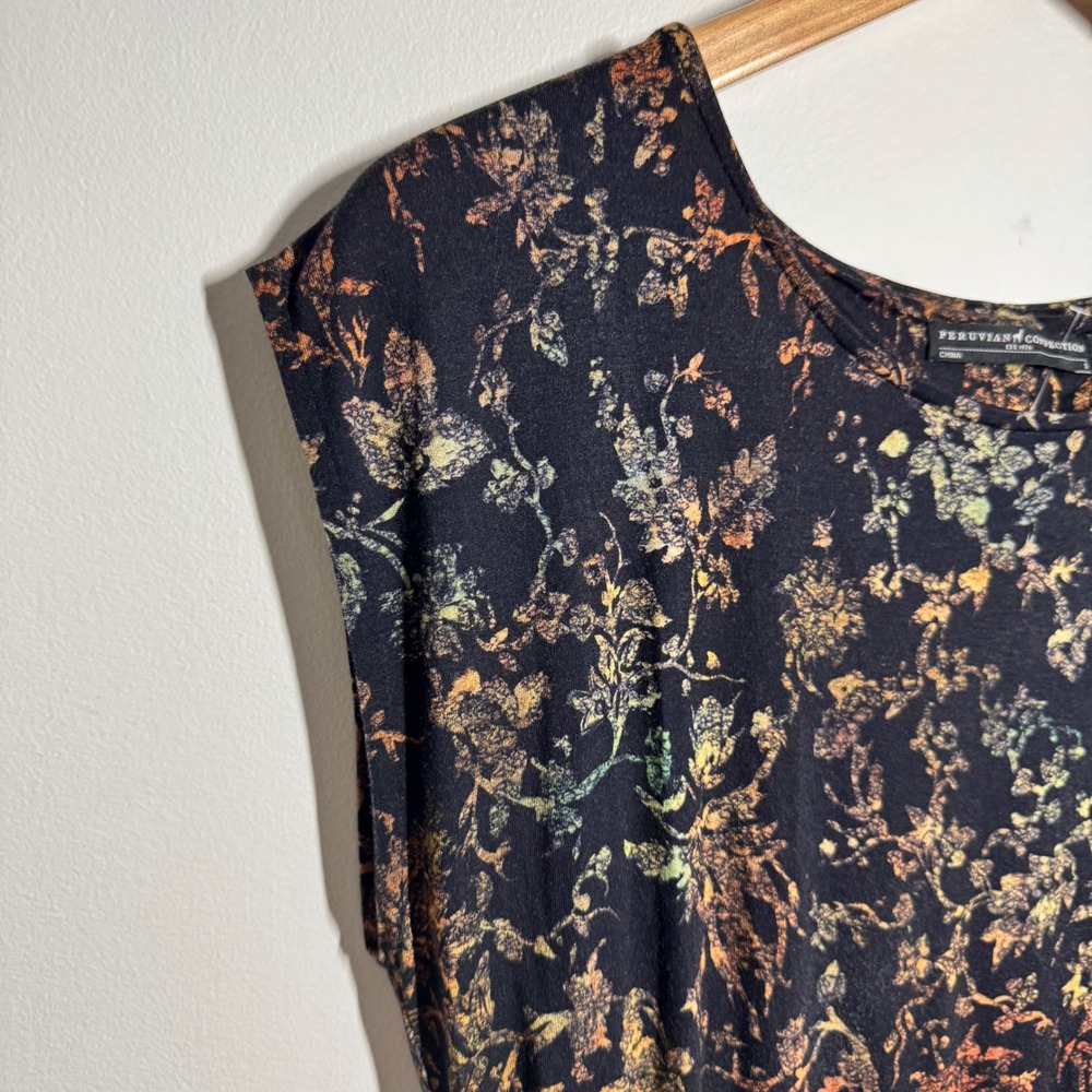 Peruvian Connection Floral Jersey Midi Dress Black Orange Botanical Sleeveless S - Picture 7 of 8